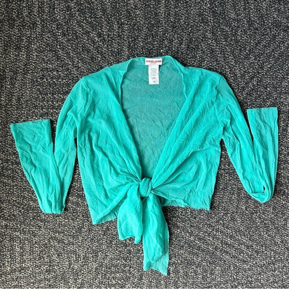 Y2K turquoise sheer nylon 3/4 Sleeve Tie Front Blouse